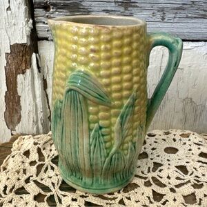 Vintage Small Antique Majolica Pottery Corn Cream Pitcher - 4 1/2 "